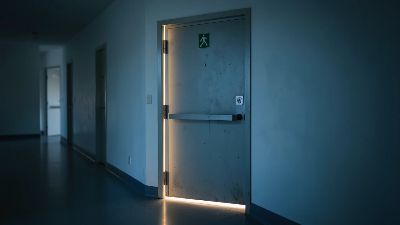 Ein echter, lange ungenutzter Notausgang in einem stillen Flur, hinter der Tür dringt warmes Licht herein