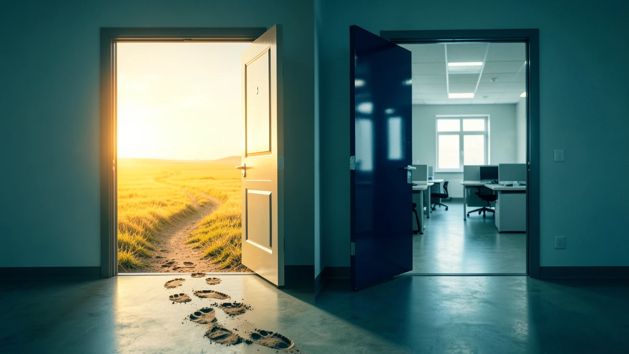 Zwei Türen: die eine offen zur weiten, warmen Landschaft, die andere frisch gestrichen und doch zurück ins selbe graue Büro