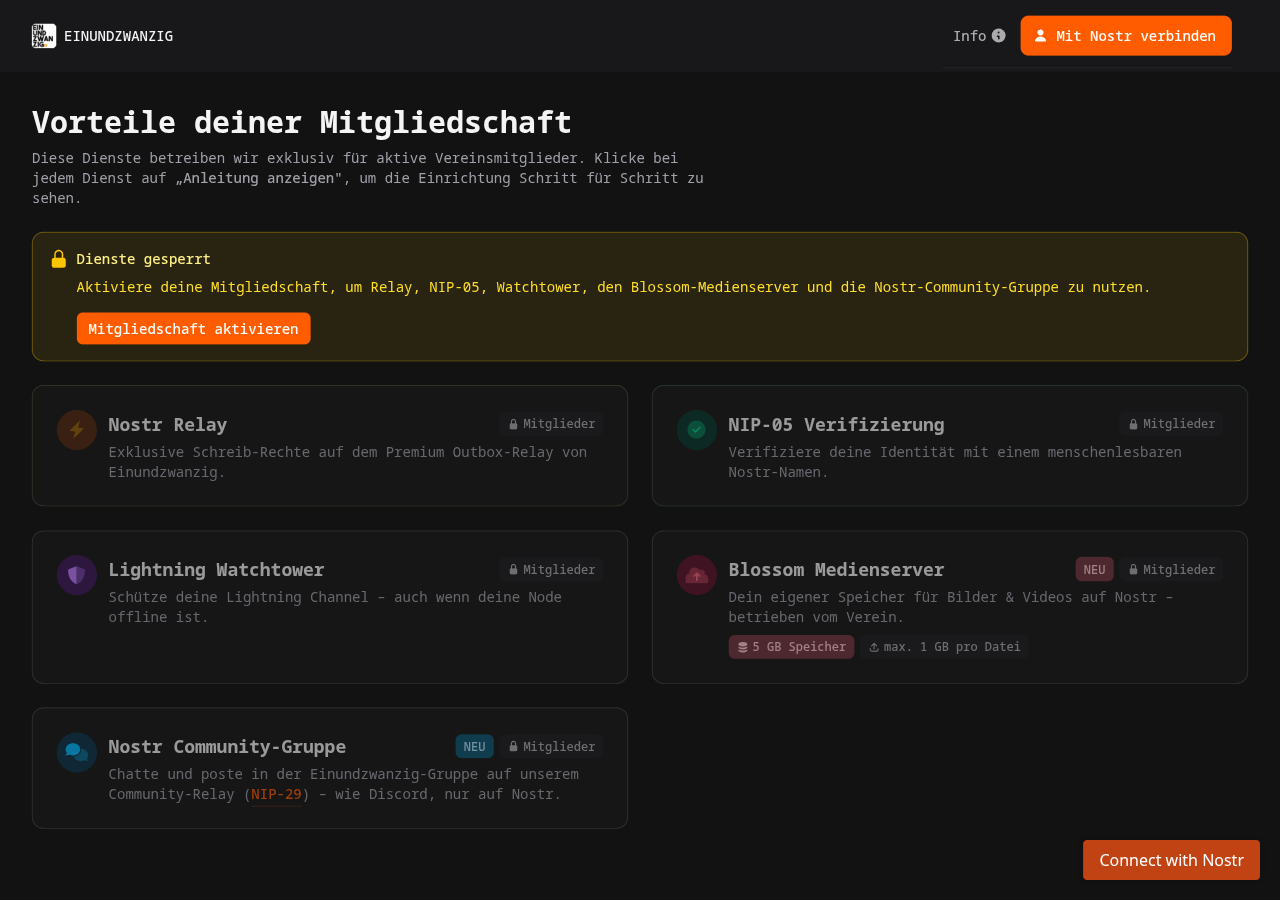 Vorteile-Seite mit dem neuen Community-Vorteil Die Vorteile-Seite im Mitgliederbereich mit der neuen Karte „Nostr Community-Gruppe“