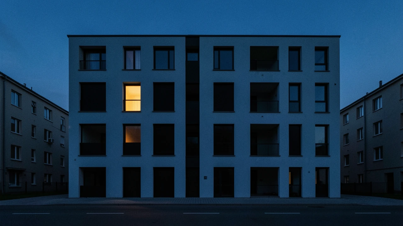 Gehalten, nicht bewohnt Ein Wohnhaus in der Abenddämmerung, fast alle Fenster dunkel und die Wohnungen leer, nur ein einziges Fenster leuchtet warm